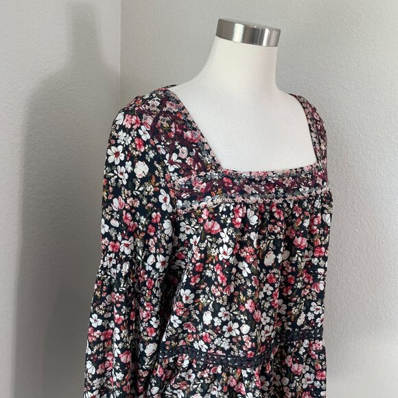 Knox Rose Womens XL Floral Blouse Square Neck Long Sleeve Boho Tassel Tie Shirt - Picture 2 of 11